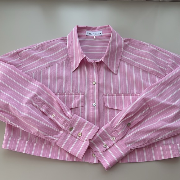 ZARA Cropped Pink & White Striped Shirt – Size L - Picture 6 of 9